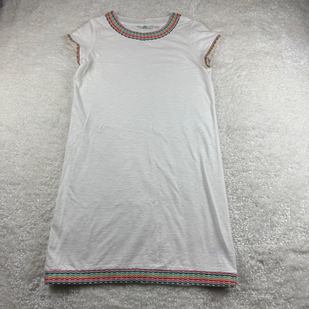 Boden‎ T-Shirt Dress Womens 6R White Rainbow Ric Rac Embroidered Cotton Slub